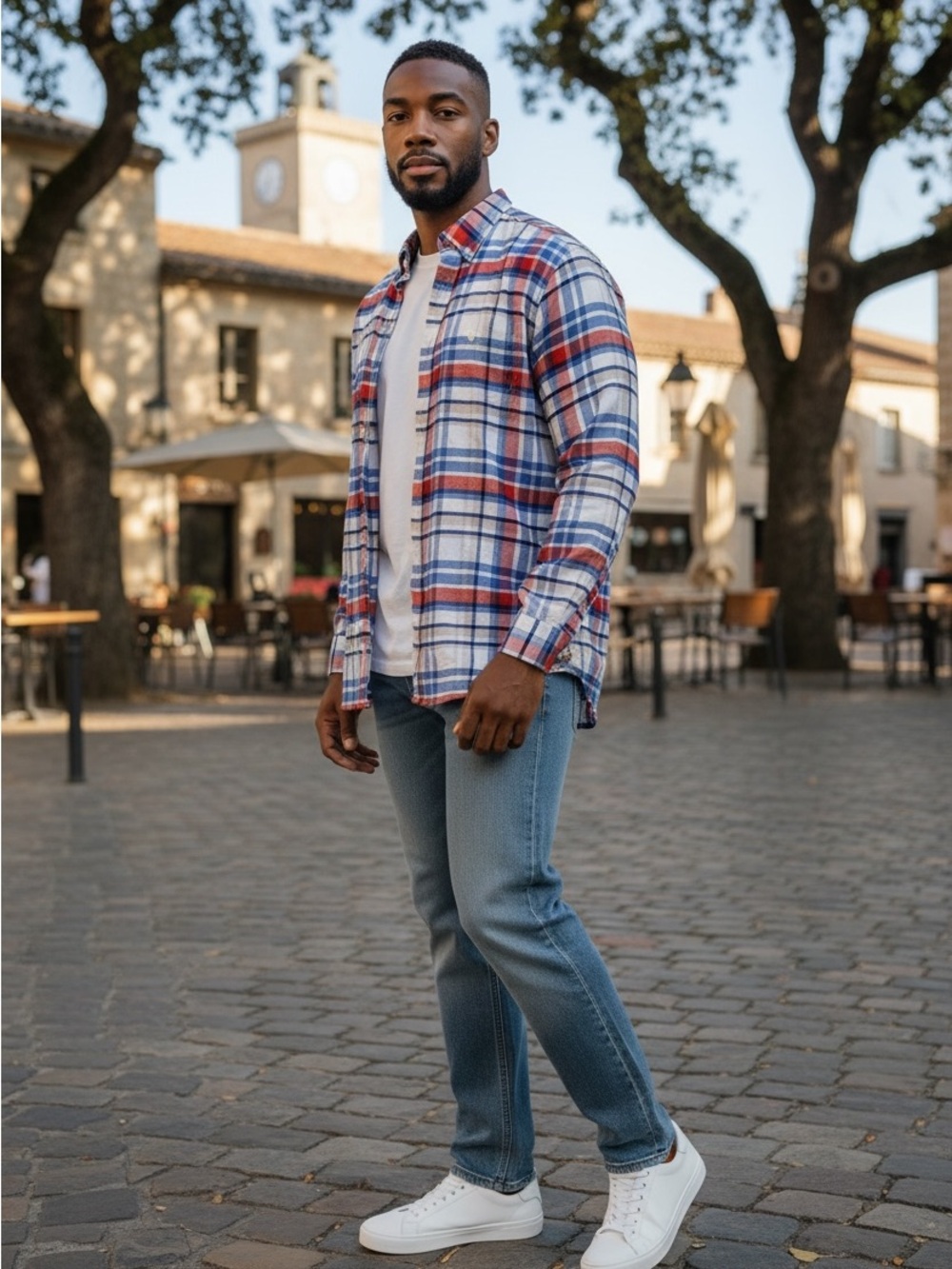 Mens Blue & Orange Plaid Button-Up Shirt